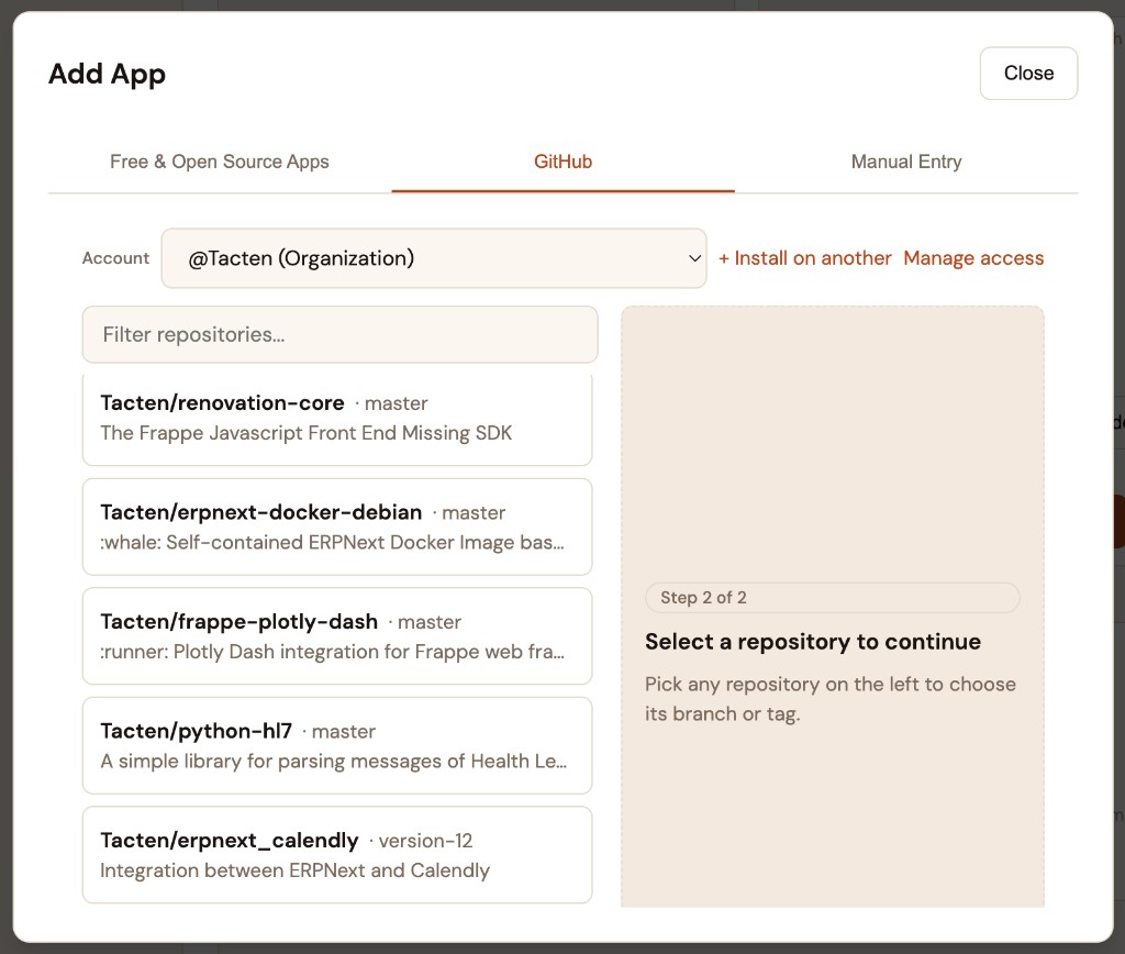 Add App dialog — GitHub tab with connected account and repositories