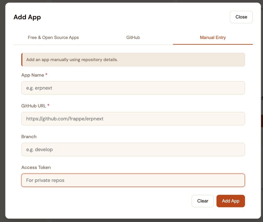 Add App dialog — Manual Entry form