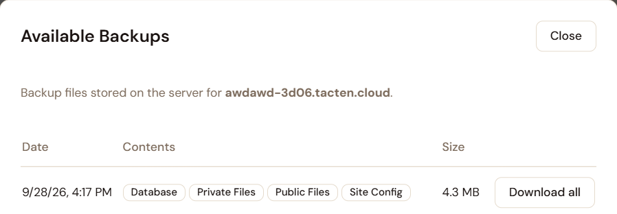 The Available Backups dialog in Espresso, with a Download all button on the backup row