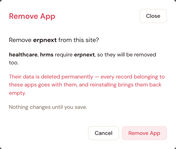 The Remove App dialog in Espresso, listing the apps that depend on the one being removed