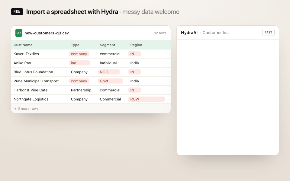 Hydra AI importing a messy customer spreadsheet through Frappe's Data Import