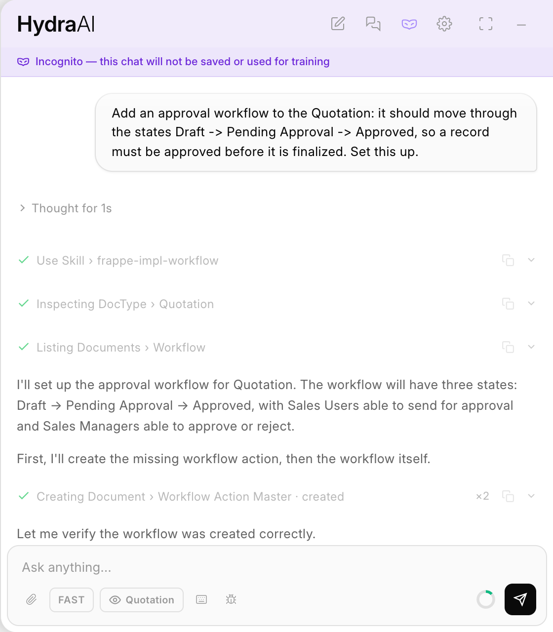 Hydra AI in incognito mode, building a Quotation approval workflow