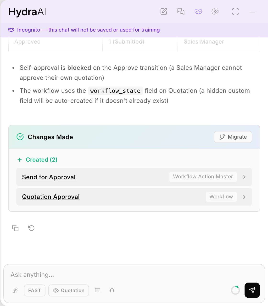 The Changes Made card in Hydra AI, with a Migrate button
