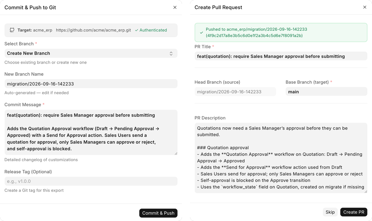 Custom Migrator's Commit & Push and Create Pull Request dialogs, both filled in by AI