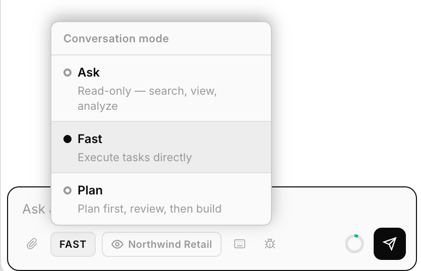 The mode menu: Ask, Fast and Plan