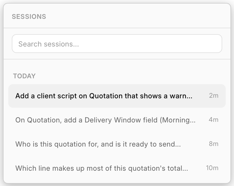 The Past chats list, grouped by day