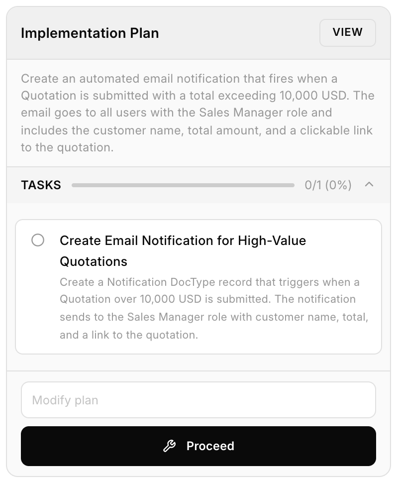 An Implementation Plan card with its task and the Proceed button