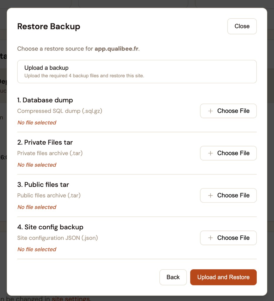 Restore Backup upload dialog in Espresso Cloud Site Management