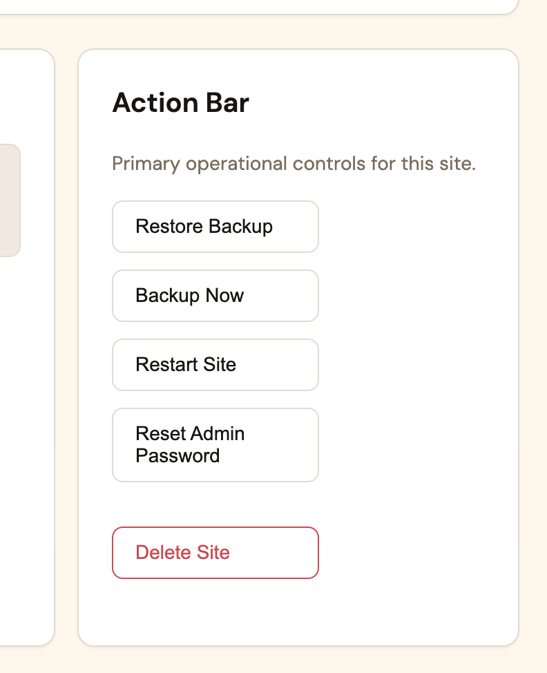 Site Management action bar in Espresso Cloud